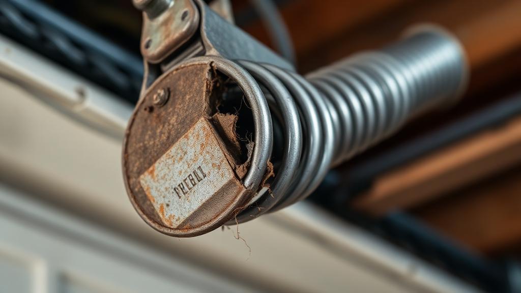 Broken garage door torsion spring showing metal fatigue and wear