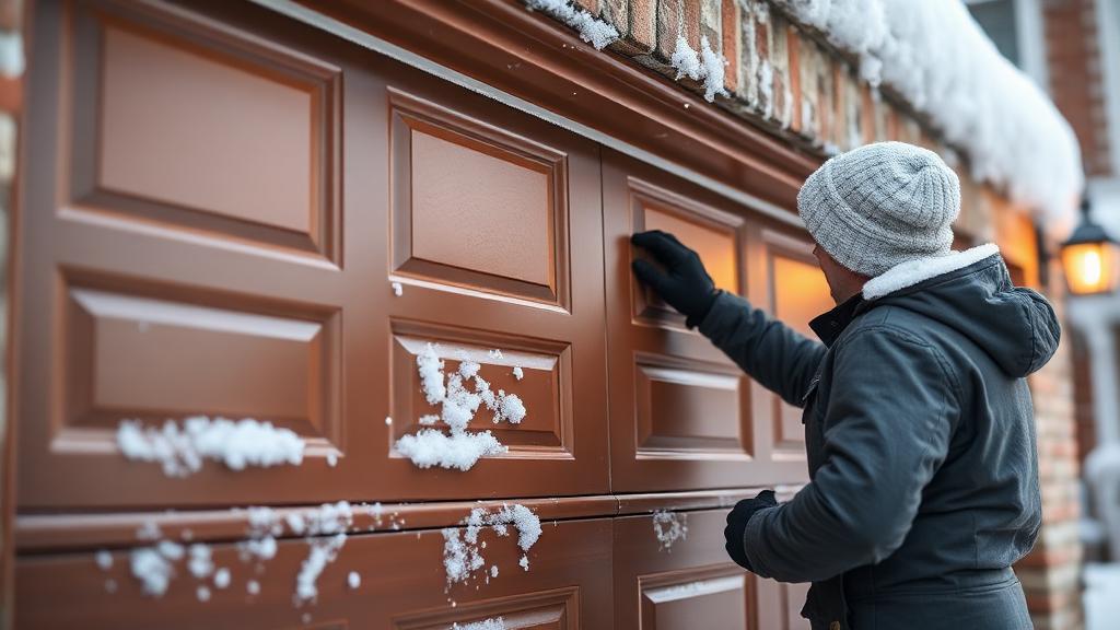 Homeowner inspecting garage door weather seals during winter